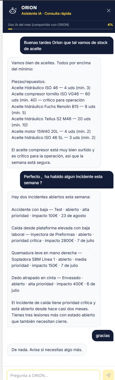 Conversación con ORION: se le pregunta por el stock de aceite y responde con las existencias de cada referencia junto a su mínimo, y después lista los incidentes abiertos de la semana con su prioridad, su impacto económico y su fecha